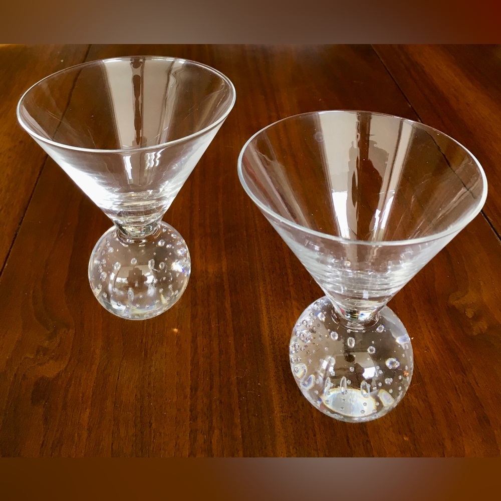 Vintage 80’s Bubble Ball Stem Hand Blown Martini Glasses - Set of 2